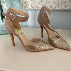 Vince Camuto suede heels with gold pointy toe